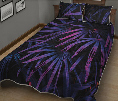 Violet Tropical Leaves Print Quilt Bed Set