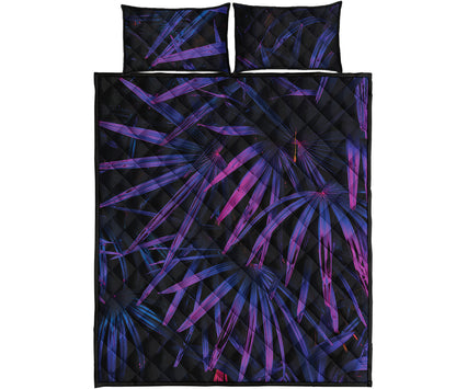 Violet Tropical Leaves Print Quilt Bed Set