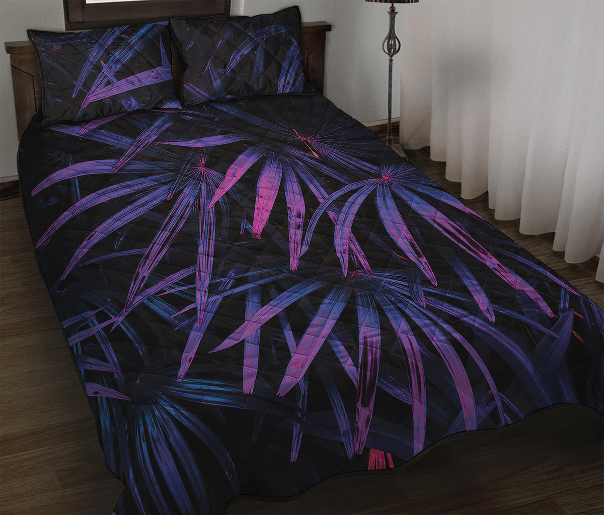 Violet Tropical Leaves Print Quilt Bed Set