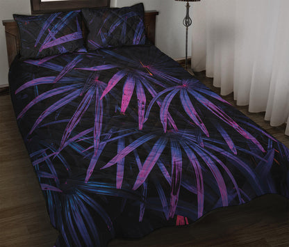Violet Tropical Leaves Print Quilt Bed Set