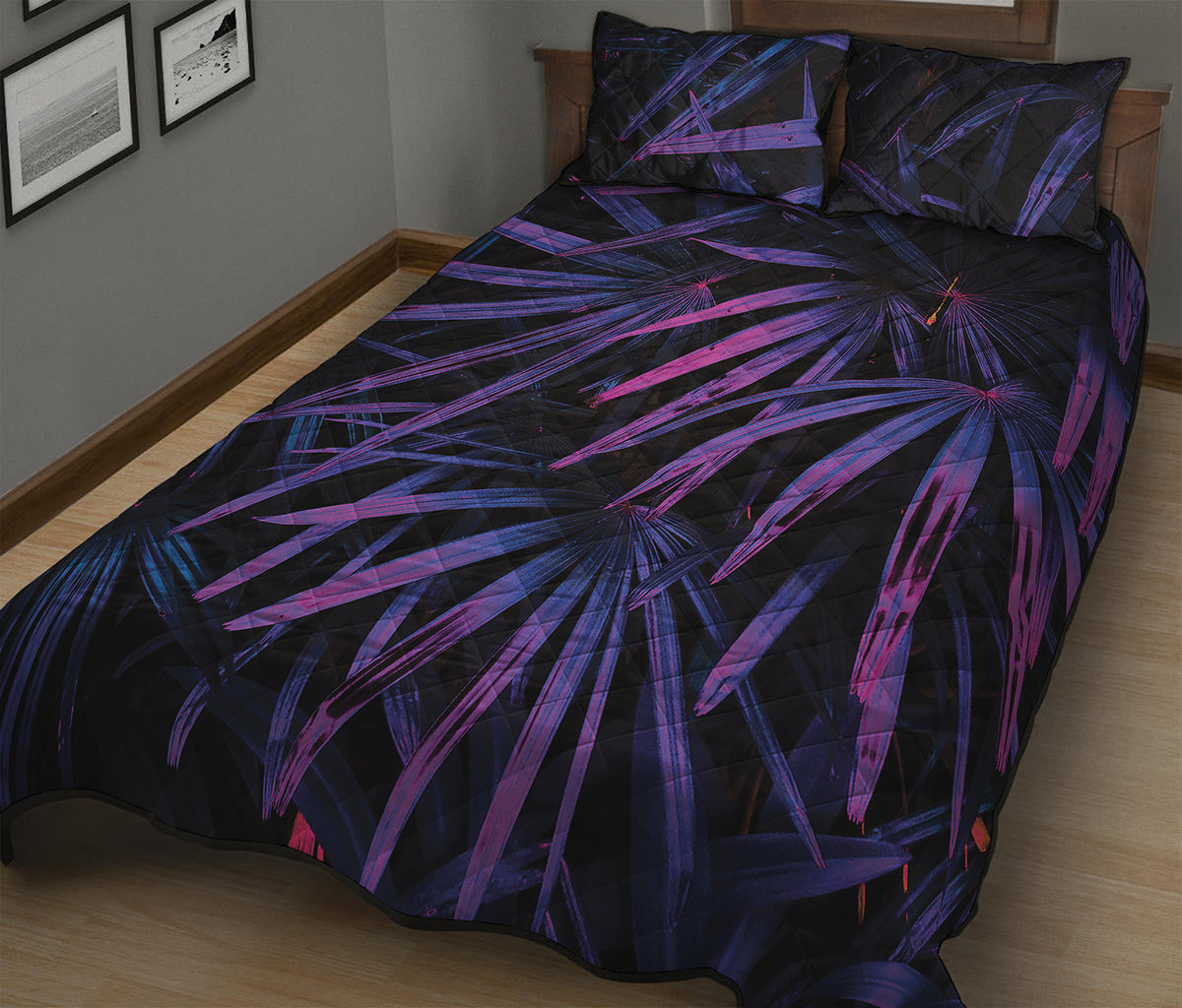 Violet Tropical Leaves Print Quilt Bed Set