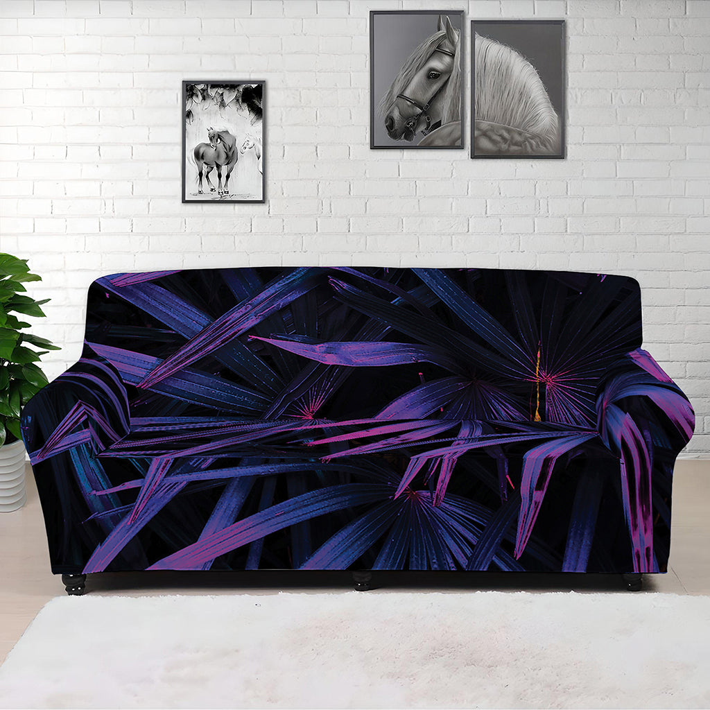 Violet Tropical Leaves Print Sofa Cover