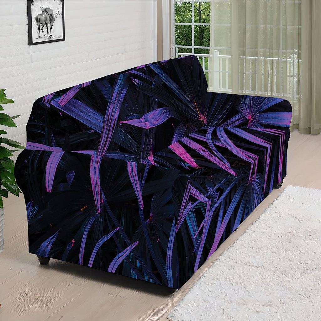 Violet Tropical Leaves Print Sofa Cover
