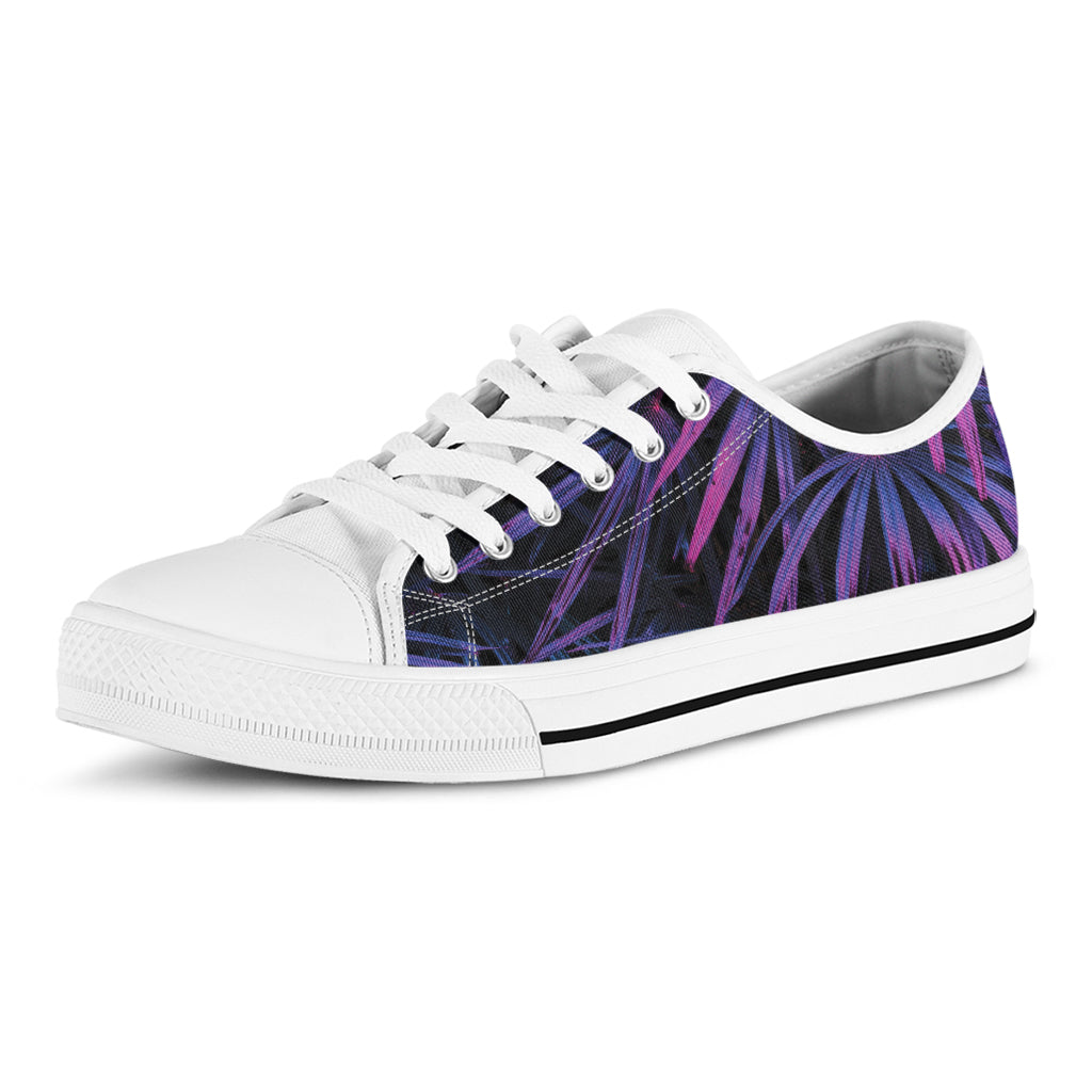 Violet Tropical Leaves Print White Low Top Shoes