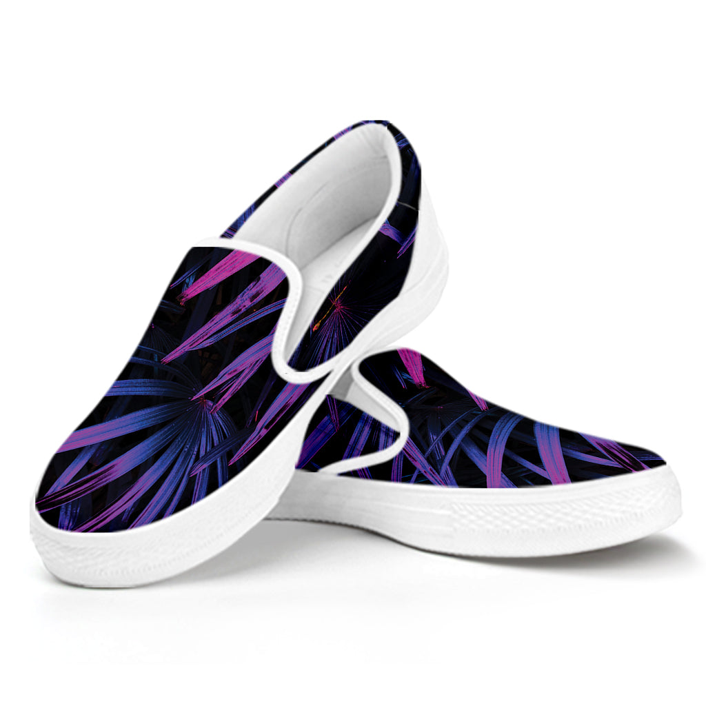 Violet Tropical Leaves Print White Slip On Shoes