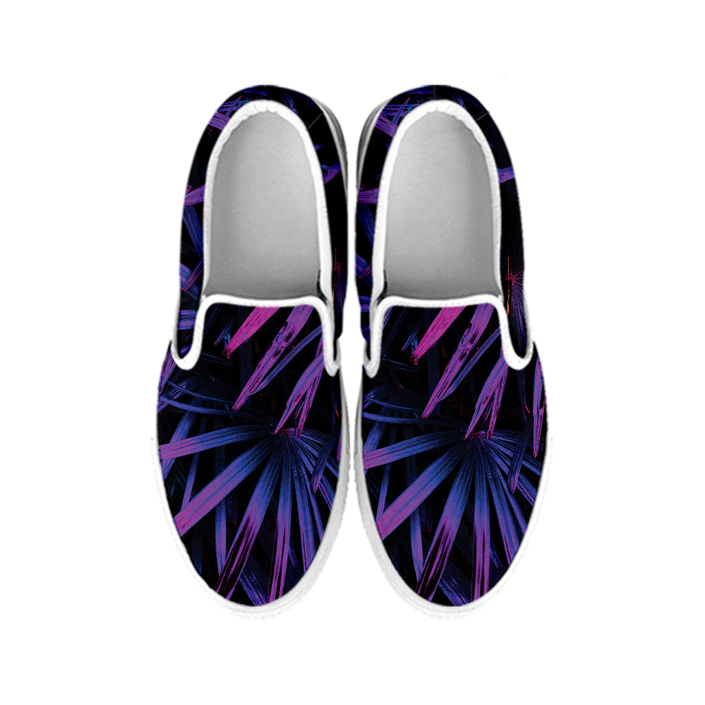 Violet Tropical Leaves Print White Slip On Shoes