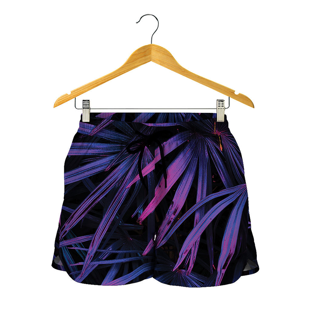Violet Tropical Leaves Print Women's Shorts