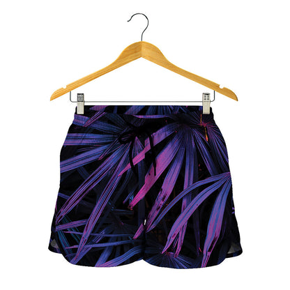 Violet Tropical Leaves Print Women's Shorts