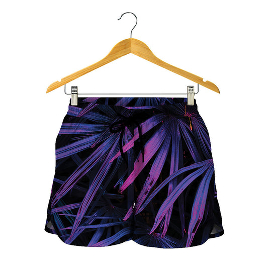 Violet Tropical Leaves Print Women's Shorts