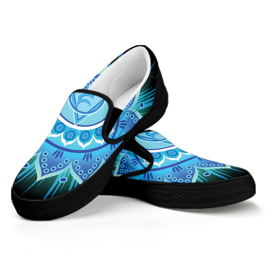Vishuddha Chakra Mandala Print Black Slip On Shoes