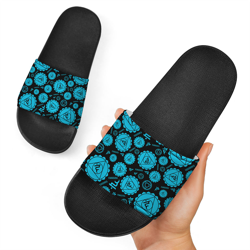 Vishuddha Chakra Pattern Print Black Slide Sandals
