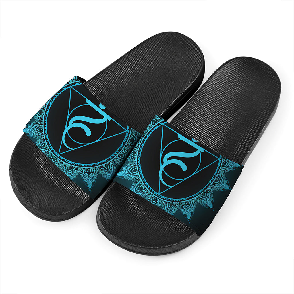 Vishuddha Chakra Symbol Print Black Slide Sandals