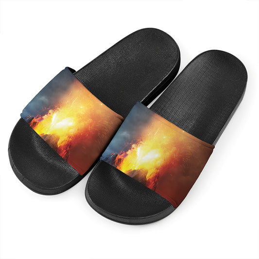 Volcano Eruption Print Black Slide Sandals