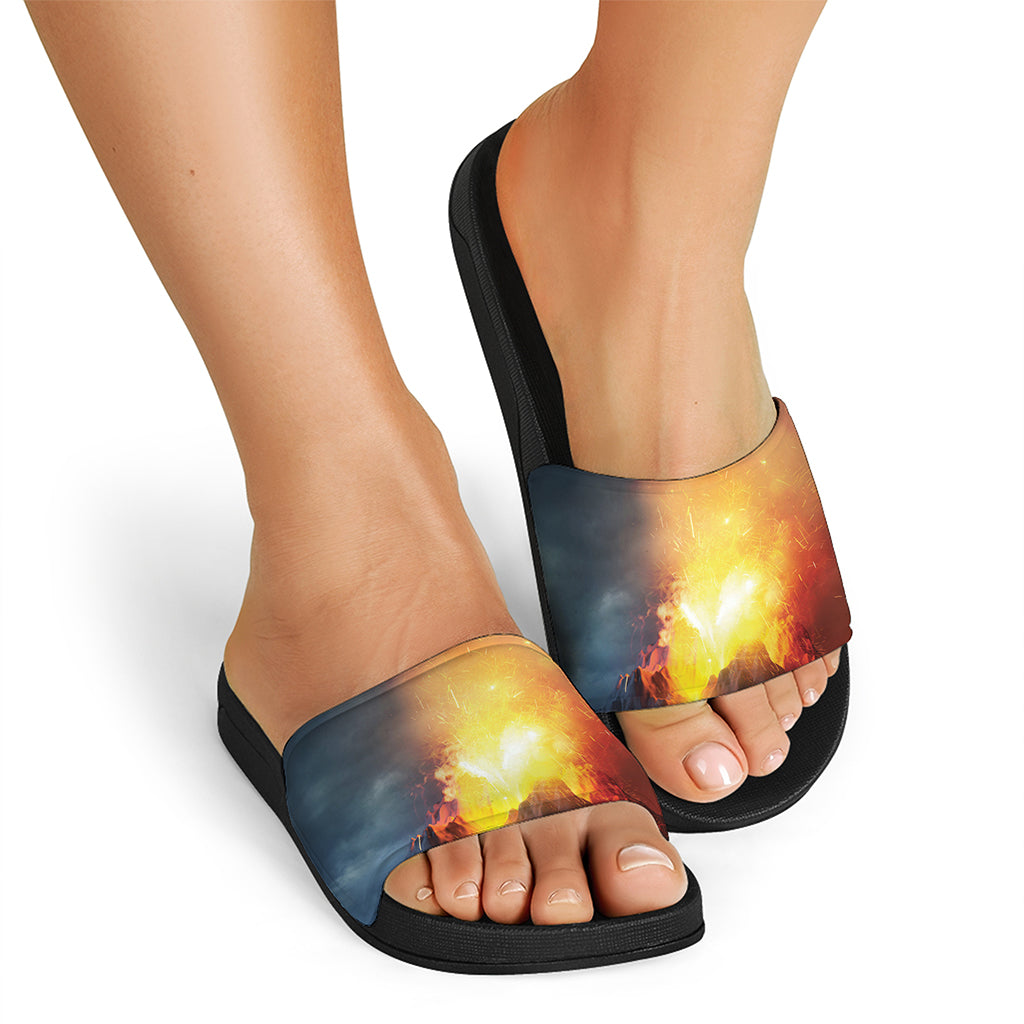Volcano Eruption Print Black Slide Sandals