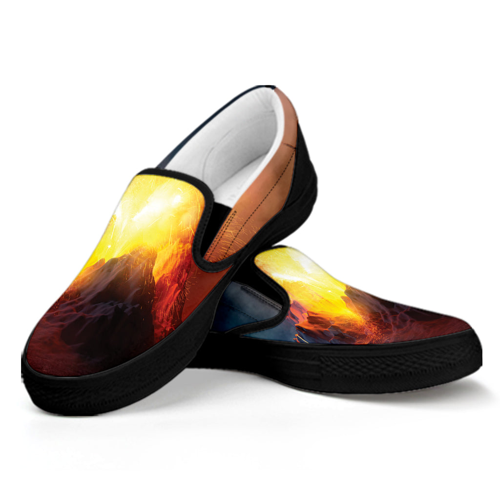 Volcano Eruption Print Black Slip On Shoes