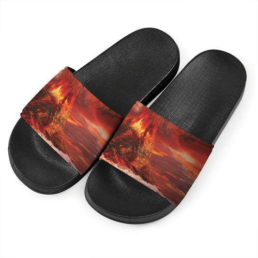 Volcano On The Sea Print Black Slide Sandals