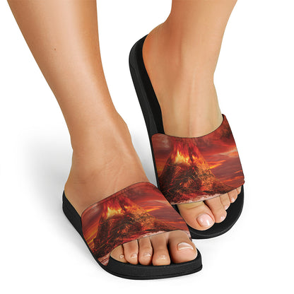 Volcano On The Sea Print Black Slide Sandals