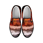 Volcano On The Sea Print Black Slip On Shoes