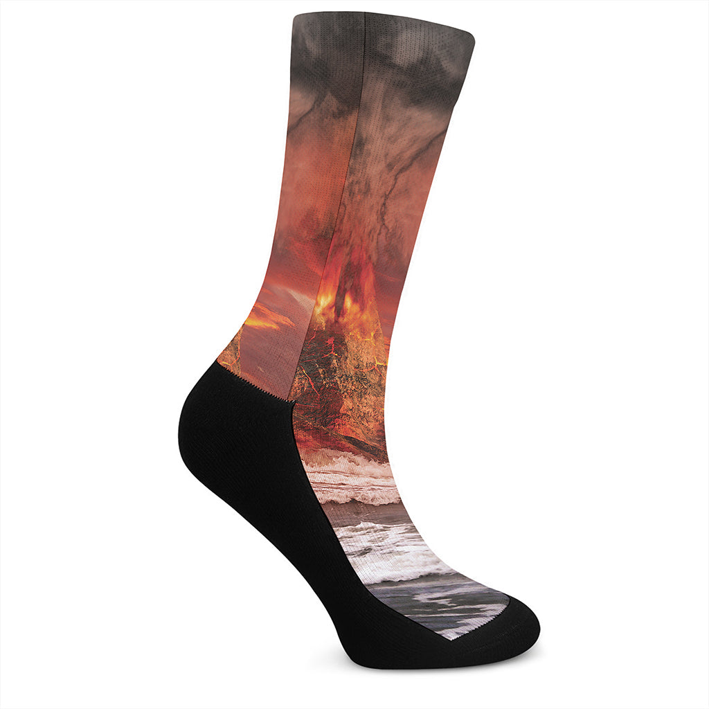 Volcano On The Sea Print Crew Socks