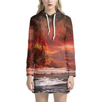 Volcano On The Sea Print Hoodie Dress