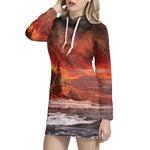 Volcano On The Sea Print Hoodie Dress