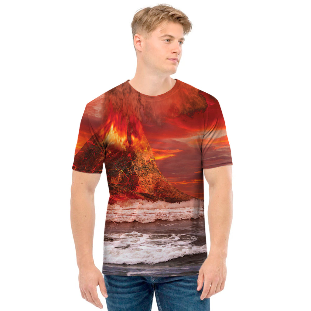 Volcano On The Sea Print Men's T-Shirt