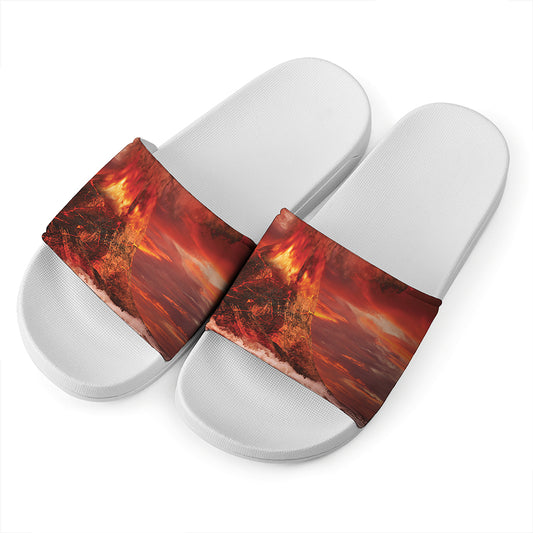 Volcano On The Sea Print White Slide Sandals