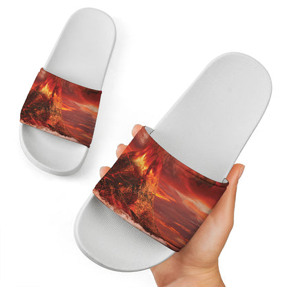 Volcano On The Sea Print White Slide Sandals