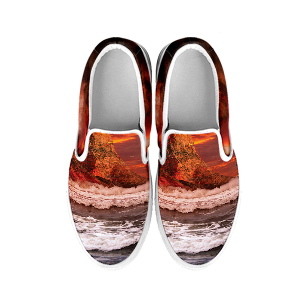 Volcano On The Sea Print White Slip On Shoes