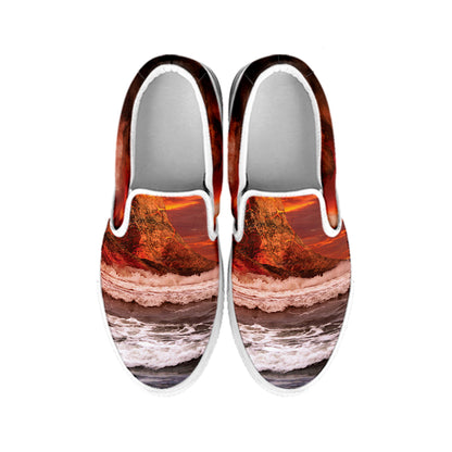 Volcano On The Sea Print White Slip On Shoes