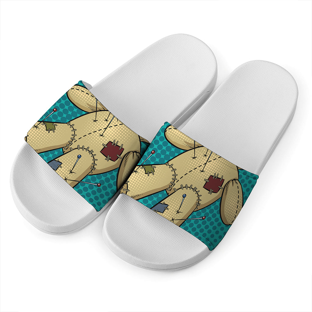 Voodoo Doll Print White Slide Sandals