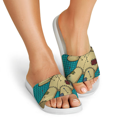 Voodoo Doll Print White Slide Sandals