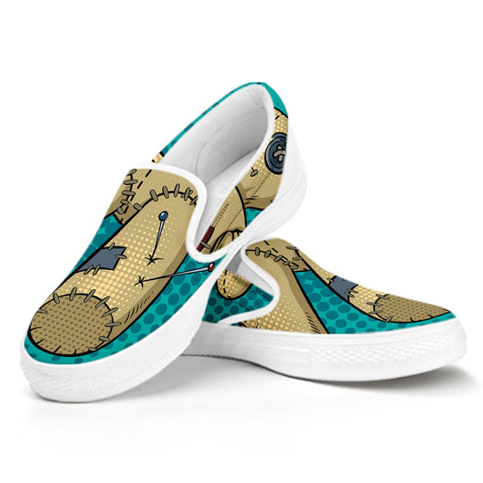 Voodoo Doll Print White Slip On Shoes