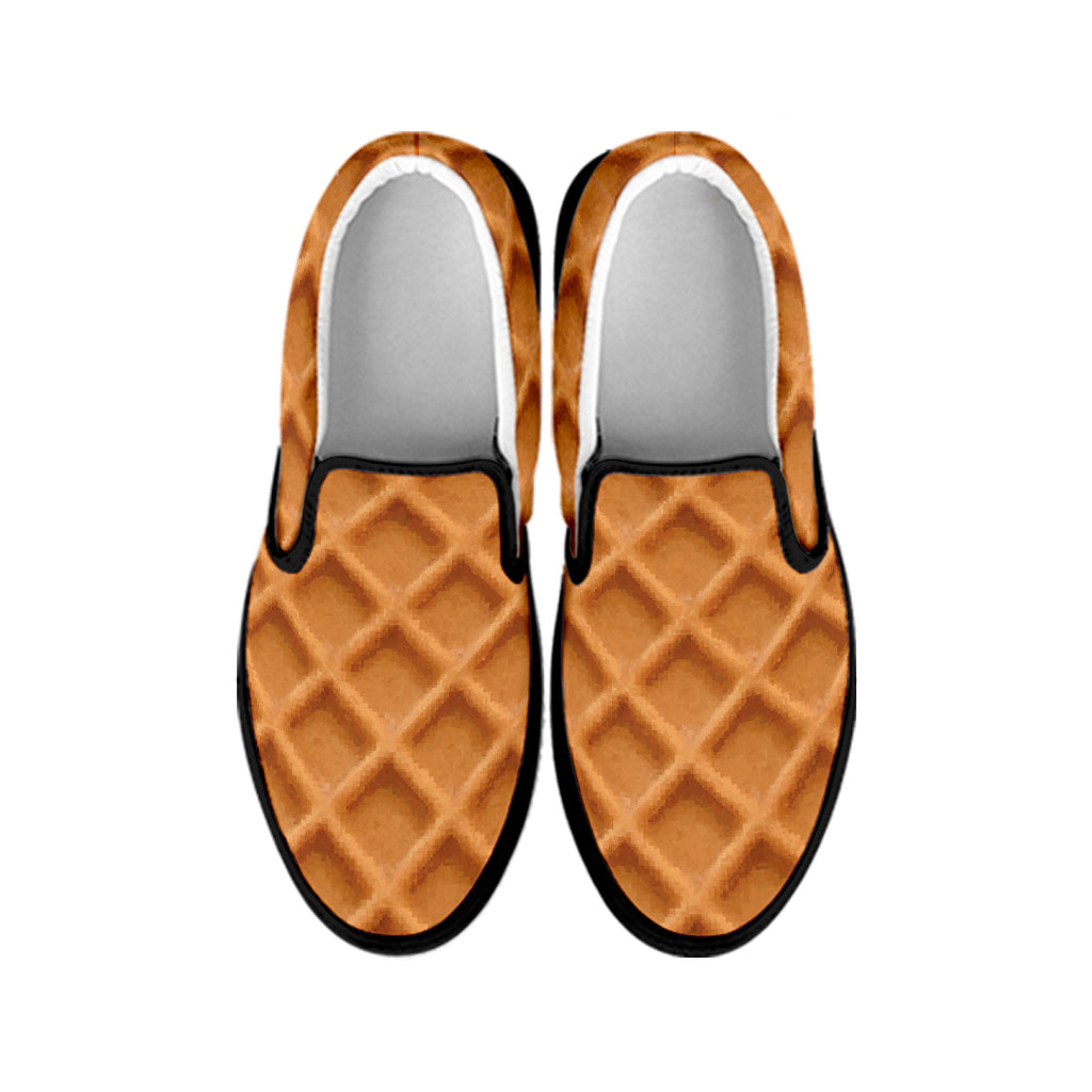 Waffle Pattern Print Black Slip On Shoes