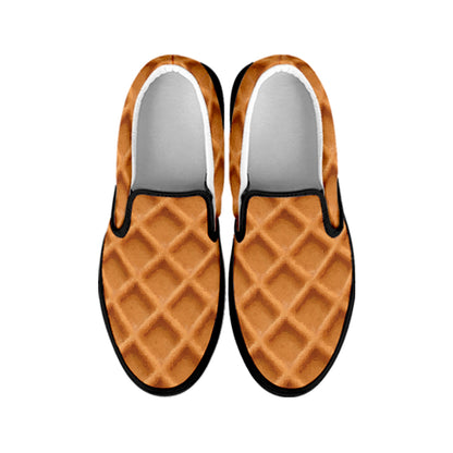 Waffle Pattern Print Black Slip On Shoes