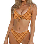 Waffle Pattern Print Front Bow Tie Bikini