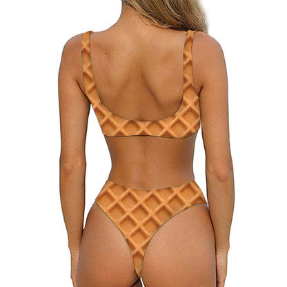 Waffle Pattern Print Front Bow Tie Bikini