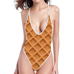 Waffle Pattern Print One Piece High Cut Swimsuit