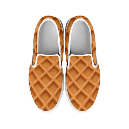 Waffle Pattern Print White Slip On Shoes