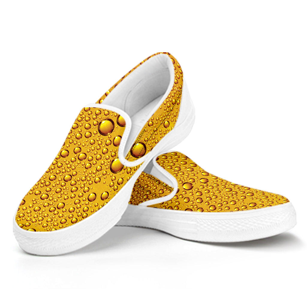 Water Drops On Beer Print White Slip On Shoes