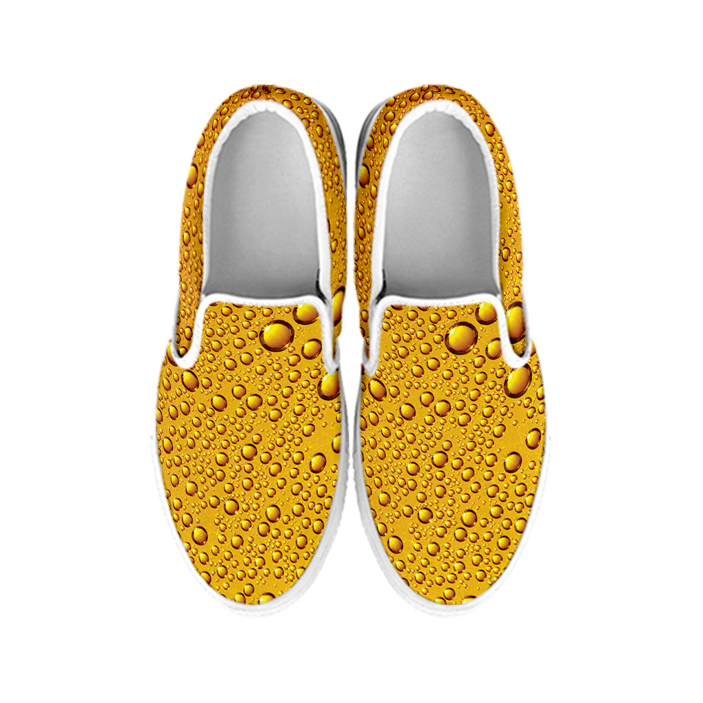 Water Drops On Beer Print White Slip On Shoes