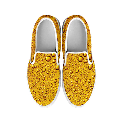 Water Drops On Beer Print White Slip On Shoes