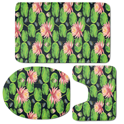 Water Lily Flower Pattern Print 3 Piece Bath Mat Set