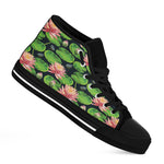 Water Lily Flower Pattern Print Black High Top Shoes