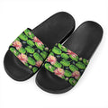 Water Lily Flower Pattern Print Black Slide Sandals