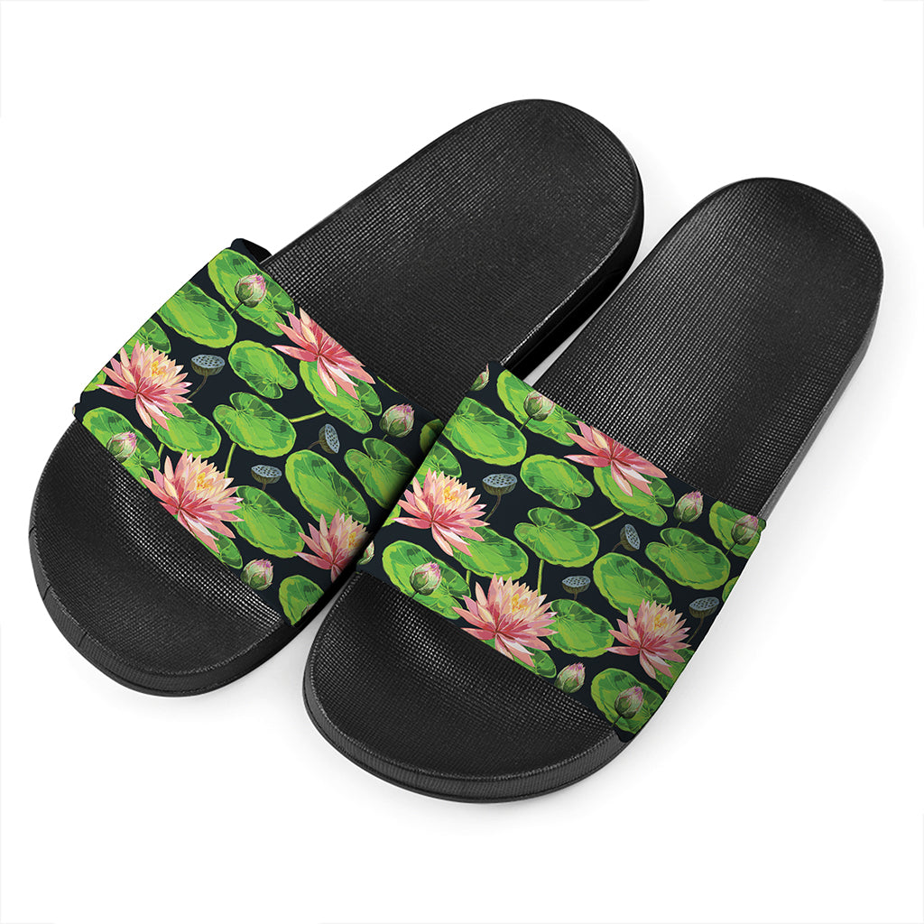 Water Lily Flower Pattern Print Black Slide Sandals