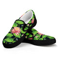 Water Lily Flower Pattern Print Black Slip On Sneakers