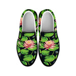 Water Lily Flower Pattern Print Black Slip On Shoes