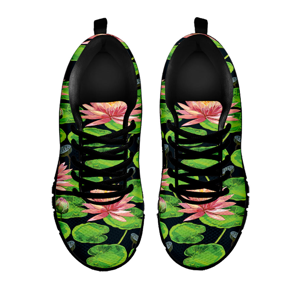 Water Lily Flower Pattern Print Black Sneakers