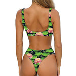 Water Lily Flower Pattern Print Front Bow Tie Bikini